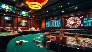Playing poker in an i5bet casino with vibrant chips and immersive betting atmosphere.