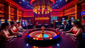 Experience excitement at the Luckywin roulette table with players engaged in the game.