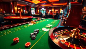 Players engaging in excitement at Go8.com’s luxurious casino table with chips and cards.