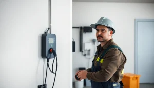 EV charger installation cost showcased as a professional electrician installs a modern charger in a home garage.