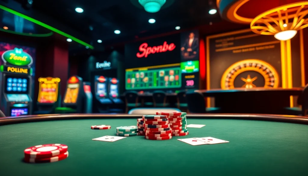 Experience the thrill of playing at https://789club.fast/ with vibrant poker chips and casino tables illuminating the scene.