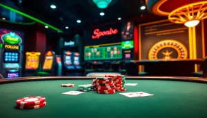 Experience the thrill of playing at https://789club.fast/ with vibrant poker chips and casino tables illuminating the scene.