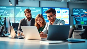 Engaged team discussing Digital Marketing strategies in a modern office