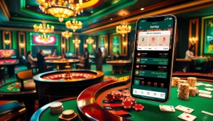 Trải nghiệm sự hứng khởi của ứng dụng Betvip với không gian casino sang trọng đầy chip poker và các lá bài.