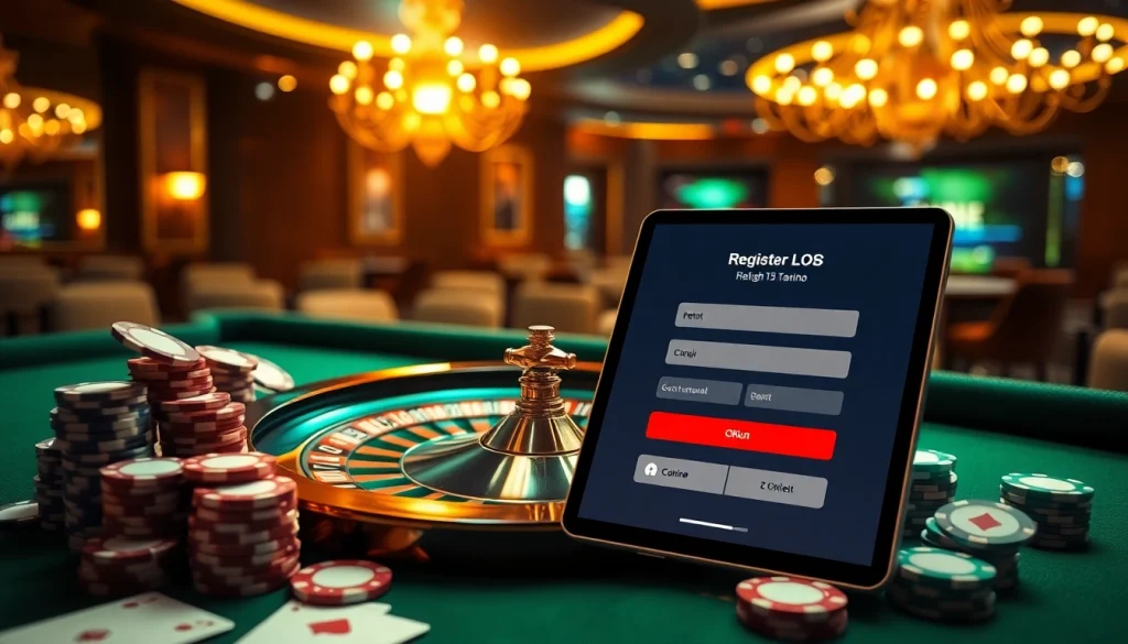 Experience the excitement of đăng ký okfun with a vibrant casino setting featuring poker chips and a roulette wheel.