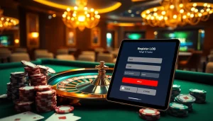 Experience the excitement of đăng ký okfun with a vibrant casino setting featuring poker chips and a roulette wheel.