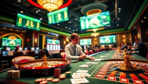Engaging scene of players checking tỷ lệ cá cược bóng đá at an elegant casino table filled with chips and cards.