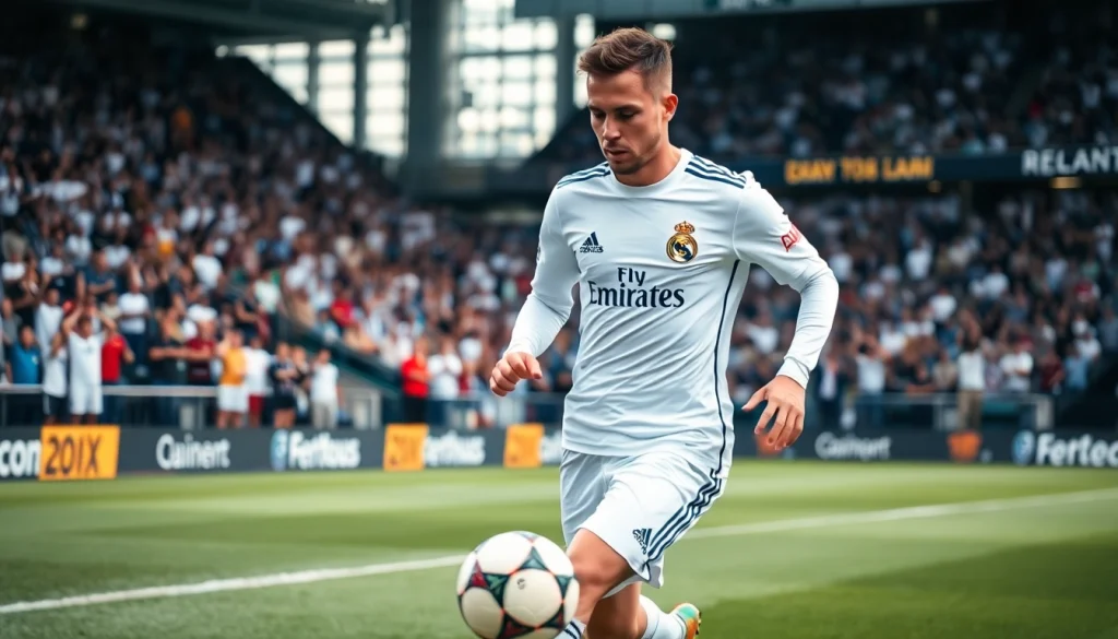 Soccer player representing เรอัลมาดริด on the field showcasing skill and energy.