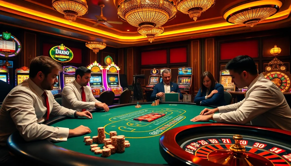 Experience the thrill of VJ88 in a luxurious casino with players engaged in high-stakes poker action.