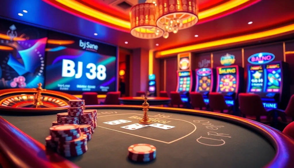Experience the thrill of BJ38 online gaming with vibrant casino tables and slot machines.