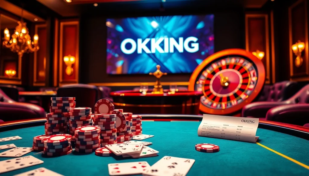 Exciting casino scene with poker chips and cards promoting OKKING for an exhilarating gambling experience.