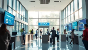 Detran GO office with modern ambiance and welcoming staff assisting with IPVA queries.