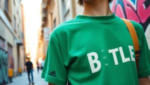 Trendy individual in a stylish BOTOL169 green shirt in an urban setting.