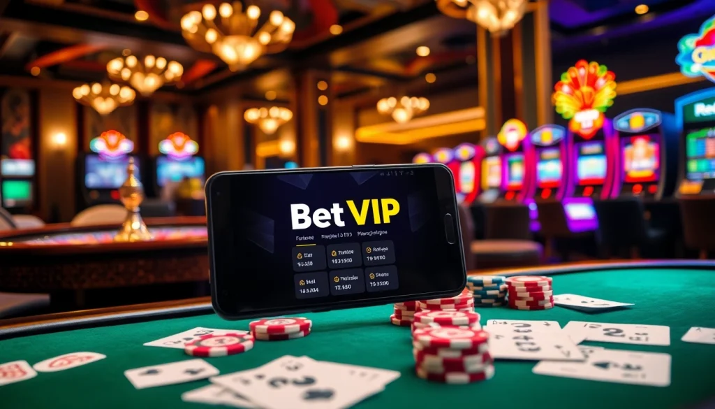 Trải nghiệm sự hồi hộp khi đặt cược với ứng dụng BetVIP trong một casino sang trọng.