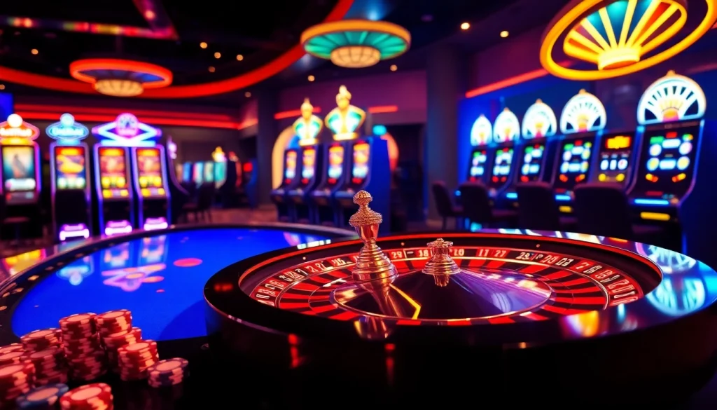 Experience exciting gameplay at Onicplay with vibrant slot machines and dynamic casino lights.