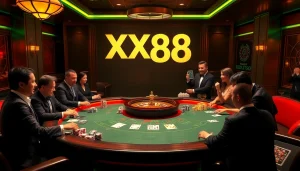 Experience the thrill of high-stakes poker at XX88 casino with vibrant lighting and elegant decor.