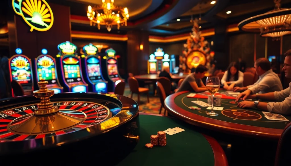 Gambling excitement at ww88 featuring vibrant slot machines and elegant roulette wheel.