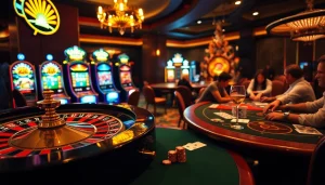 Gambling excitement at ww88 featuring vibrant slot machines and elegant roulette wheel.