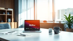 现代办公室工作区，笔记本电脑上显示 WPS Office 软件