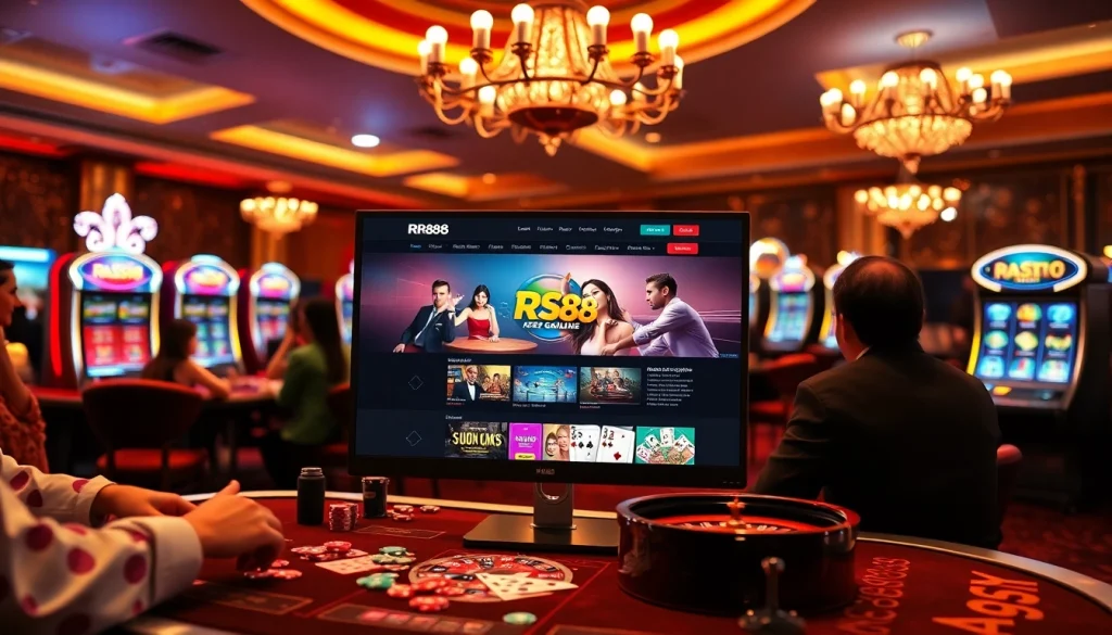 Engaging scene of players enjoying RR88 online games with vibrant casino elements.