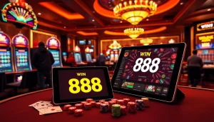 Experience the thrill of win 888 casino with vibrant gaming scenes and luxurious casino elements.