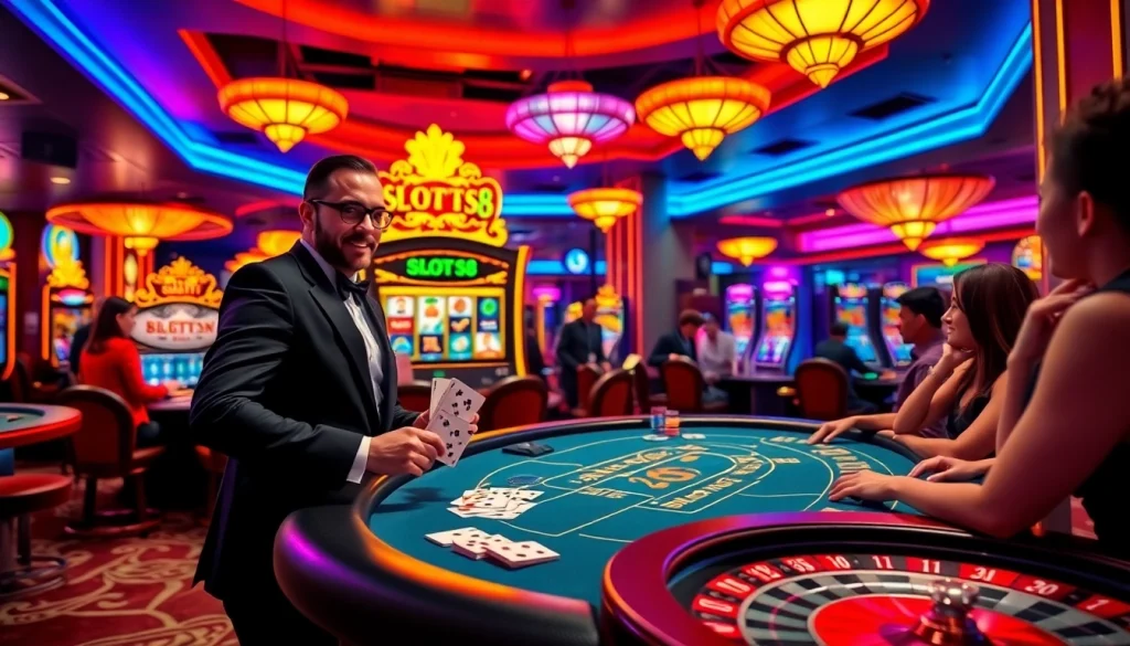 Excited gamblers playing the SLOTS8 slot machine in a vibrant casino.