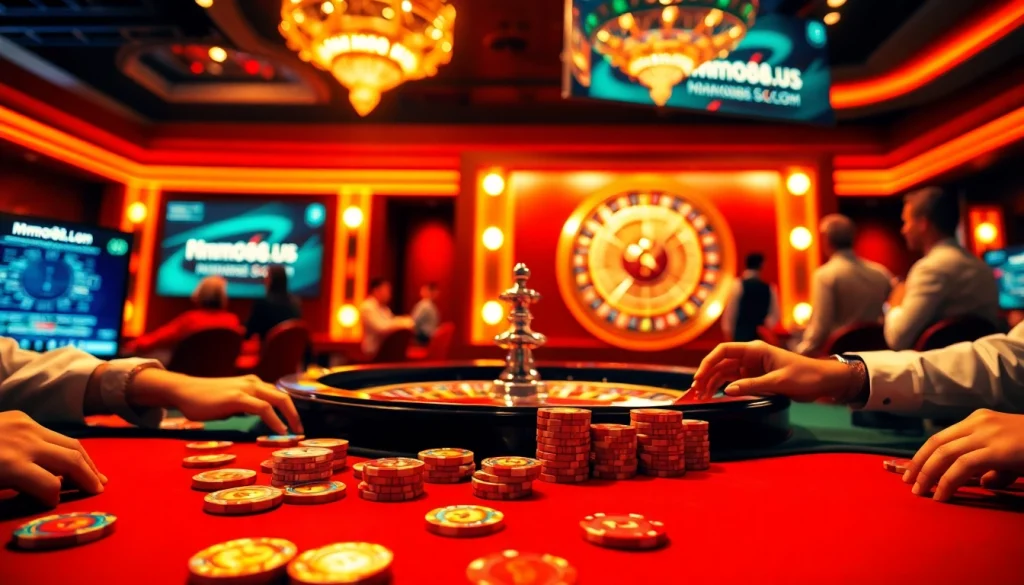 Players enjoying an engaging game at the poker table in the vibrant atmosphere of mmoo88.us.com.