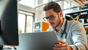 Technician offers Computer help on a laptop in a bright, modern office setting.