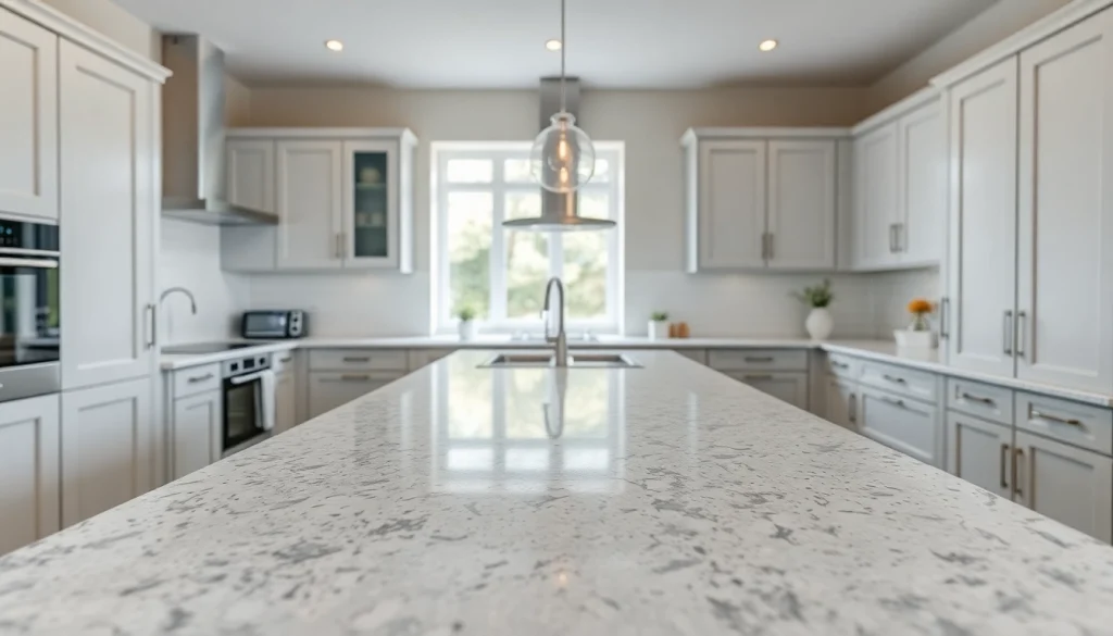 Showcase of beautiful Kitchen Worktops London featuring a granite island and modern cabinetry.