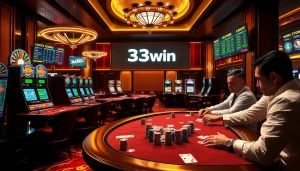 33win casino atmosphere with players engaging in poker and vibrant slot machines in a luxurious setting.