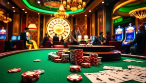 Players enjoying an exciting poker game at the LV88 casino, surrounded by vibrant chips and cards.