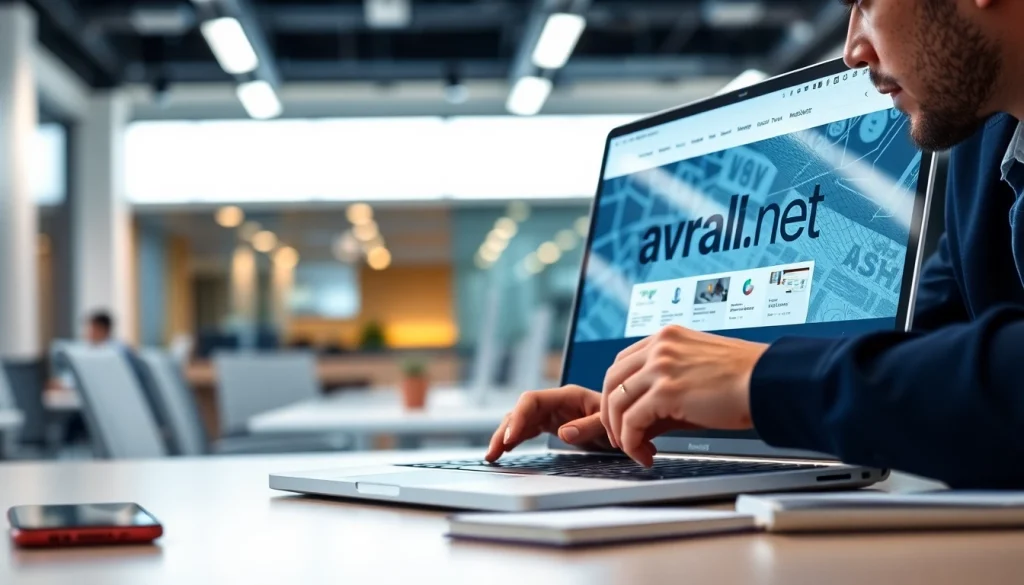 avral.net의 현대적인 사무실에서 노트북을 사용하는 장면을 보여줍니다.