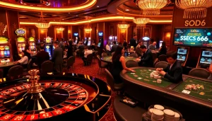 SODO66 gaming floor with luxurious roulette and slot machines, showcasing professional gambling atmosphere.