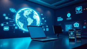 通过时尚的数字工作区在全球连接的快连VPN用户，突出速度与隐私。