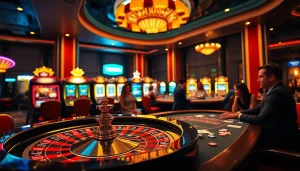 Exciting casino atmosphere with players at a poker table and roulette wheel at https://789win.associates/.