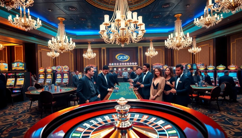 Experience the excitement of Gk88 gaming with a vibrant casino scene featuring elegant players and lively tables.