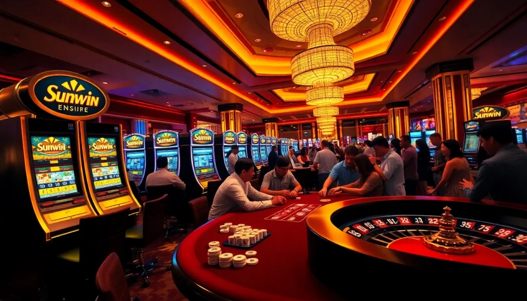 Sunwin poker table scene featuring enthusiastic players and vibrant casino elements.