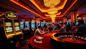 Sunwin poker table scene featuring enthusiastic players and vibrant casino elements.
