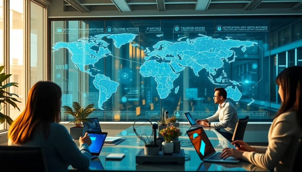 快连下载 network acceleration services in a modern tech office, showcasing global connectivity.