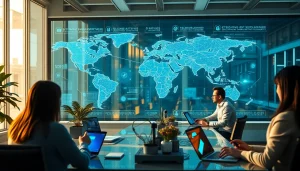 快连下载 network acceleration services in a modern tech office, showcasing global connectivity.