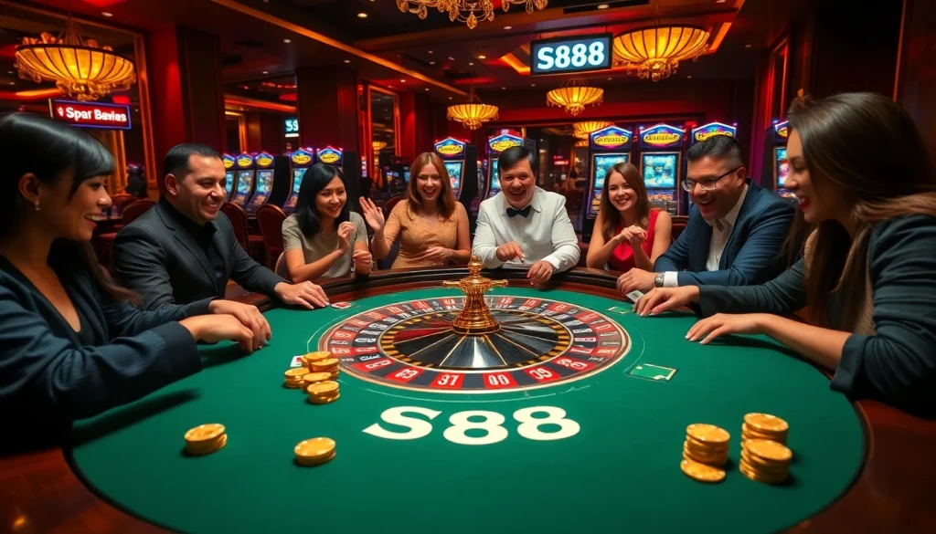 Players engaging with S88 casino games at a luxurious roulette table, surrounded by excitement and anticipation.
