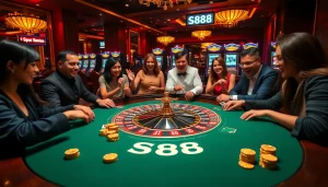 Players engaging with S88 casino games at a luxurious roulette table, surrounded by excitement and anticipation.