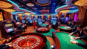 Experience the thrill of "trang chủ PS99" with players at poker tables and spinning roulette wheels.