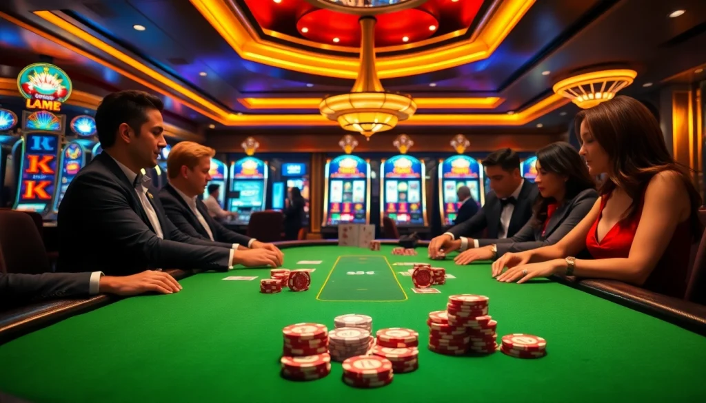 Players experience exciting poker action at 789win casino, showcasing vibrant tables and chips.