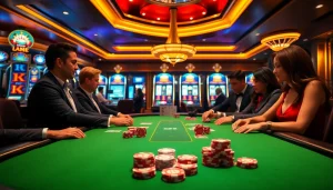 Players experience exciting poker action at 789win casino, showcasing vibrant tables and chips.