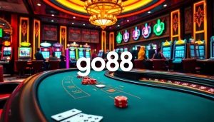 Experience the thrill of go88 at a luxurious casino table with chips, cards, and roulette wheel.