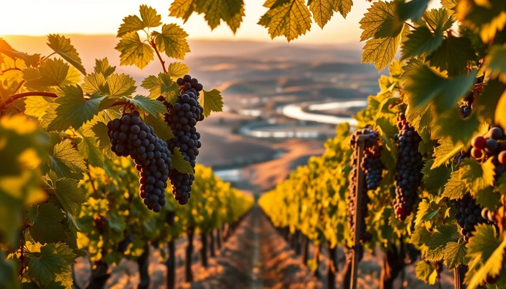 Carksburg CA vineyard landscape bathed in golden sunset light with ripe grapes.