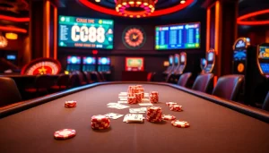 Experience high-stakes action at CO88.vin's dynamic casino tables with poker chips and cards.