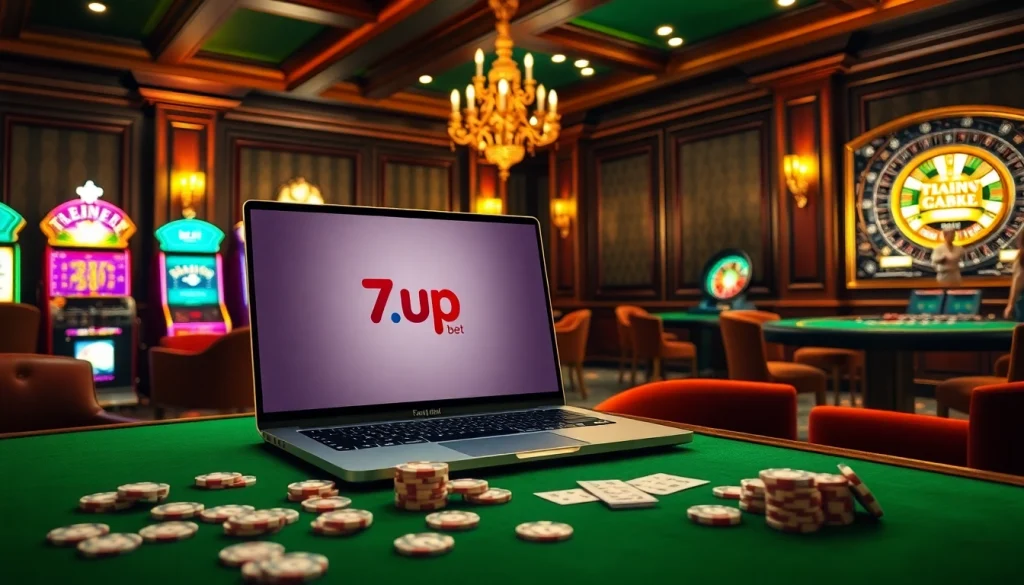 Excited players placing bets on 7upbet's engaging online gambling interface surrounded by casino elements.