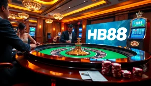Engaged players at a luxurious casino featuring HB88, roulette table, poker chips, and vibrant atmosphere.